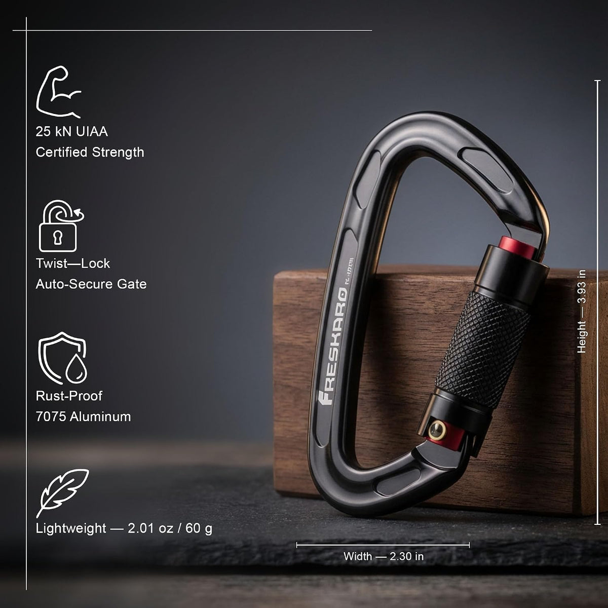 FresKaro UIAA Certified 25KN Auto Locking Climbing Carabiner Clips, Twist Lock, and Heavy Duty Carabiners for Rock Climbing, Rappelling, and Mountaineering, D Shaped