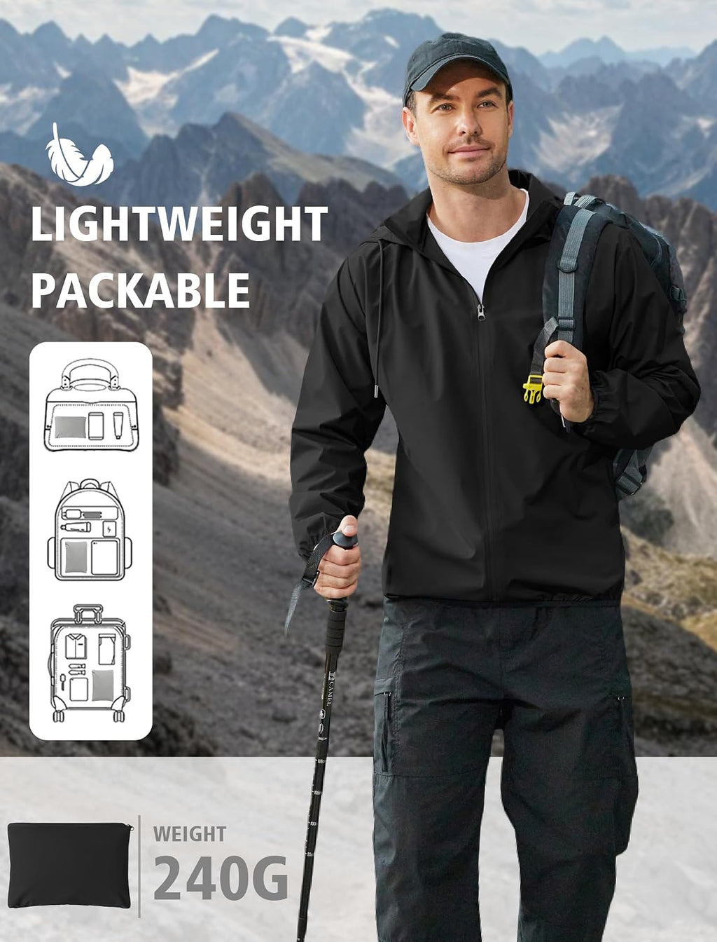 COOFANDY Men's Light Rain Jacket Packable Waterproof Raincoat Windbreaker