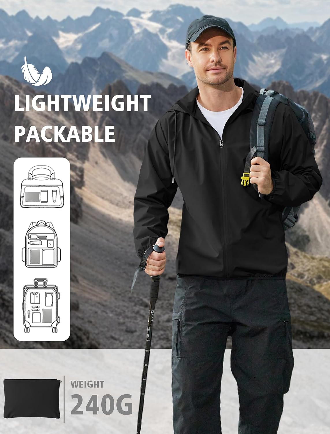 COOFANDY Men's Light Rain Jacket Packable Waterproof Raincoat Windbreaker