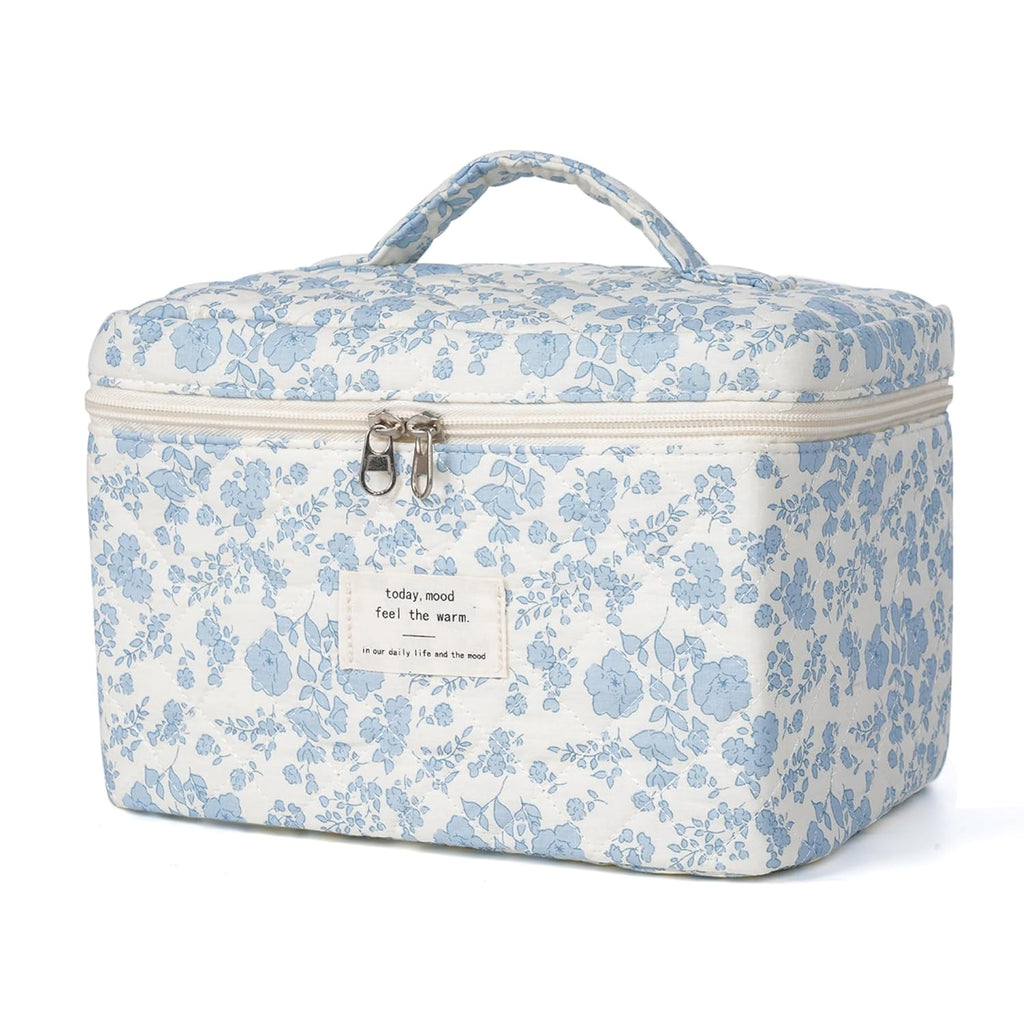 Makeup Bag,Quilted Cosmetic Bag,Large Floral Make Up Bag for Women,Cotton Makeup Bag Set,Flower Travel Toiletry Bag