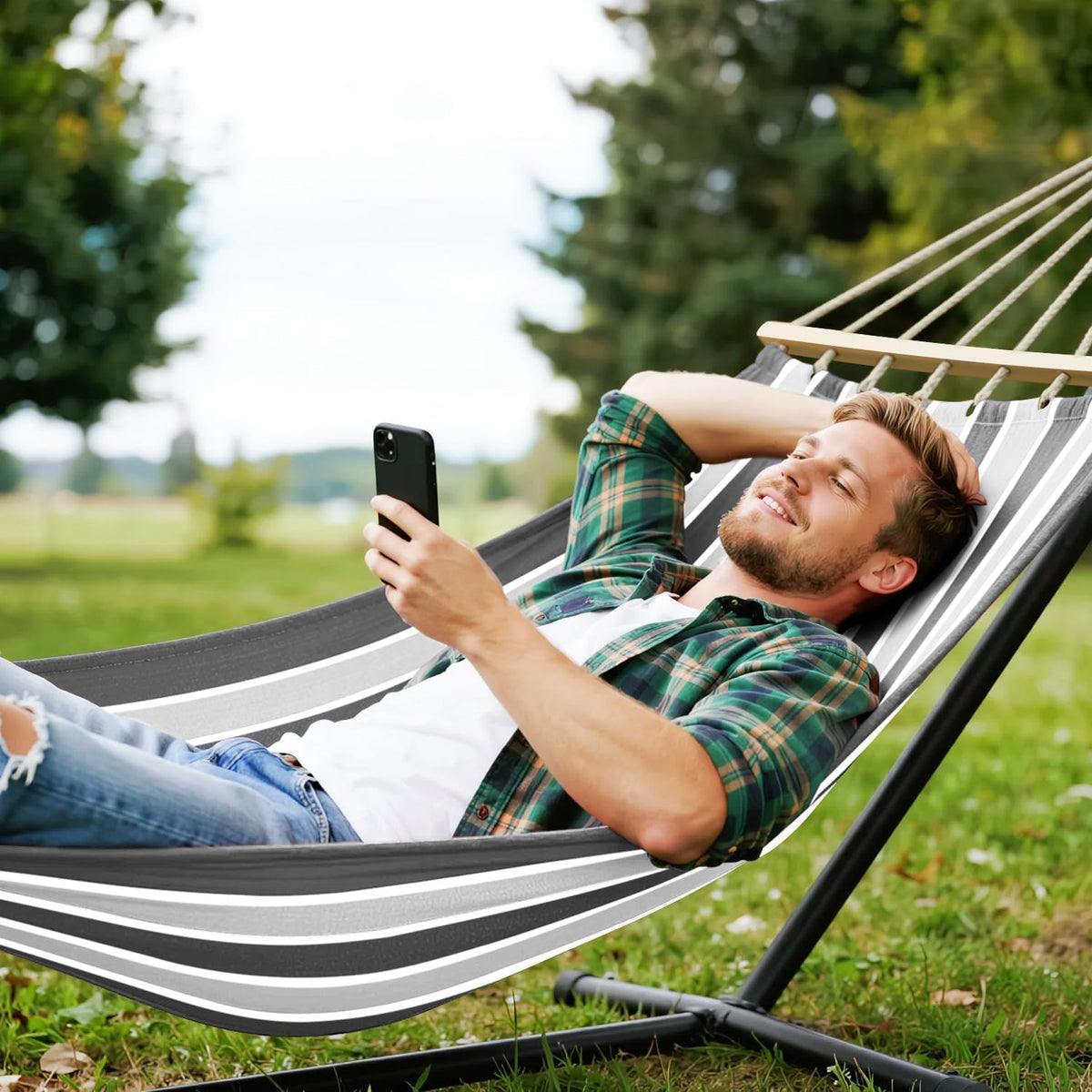 MOSFiATA Hammocks Portable Camping Hammock Upgraded 550lb Comfortable Fabric Hammock with Two Anti Roll Balance Beam and Sturdy Tree Straps for Camping, Patio, Backyard, Outdoor（Grey）