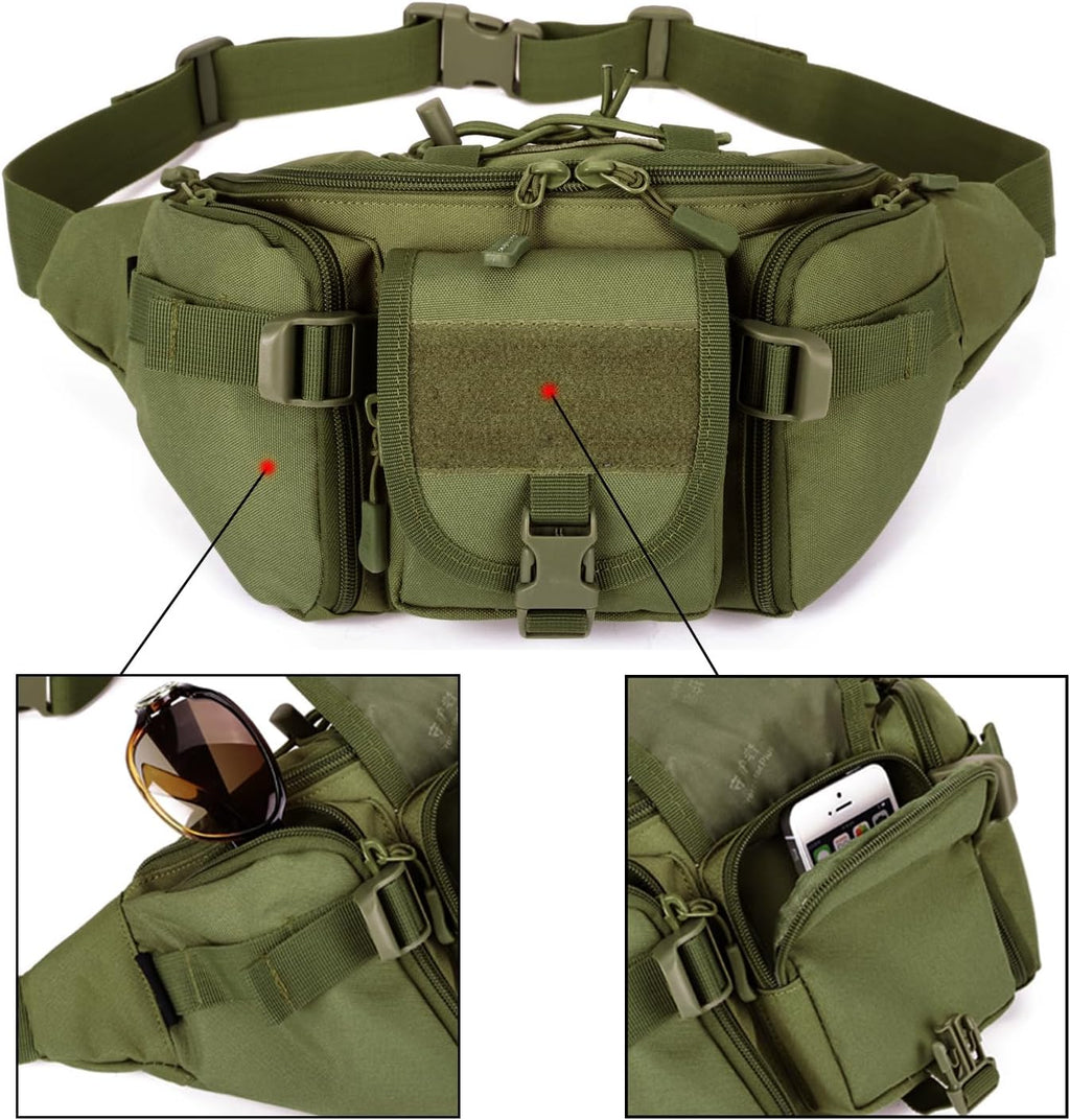ArcEnCiel Tactical Fanny Pack for Men Women Waist Bag Hip Belt Outdoor Hiking Fishing Bumbag with Patch (Green)