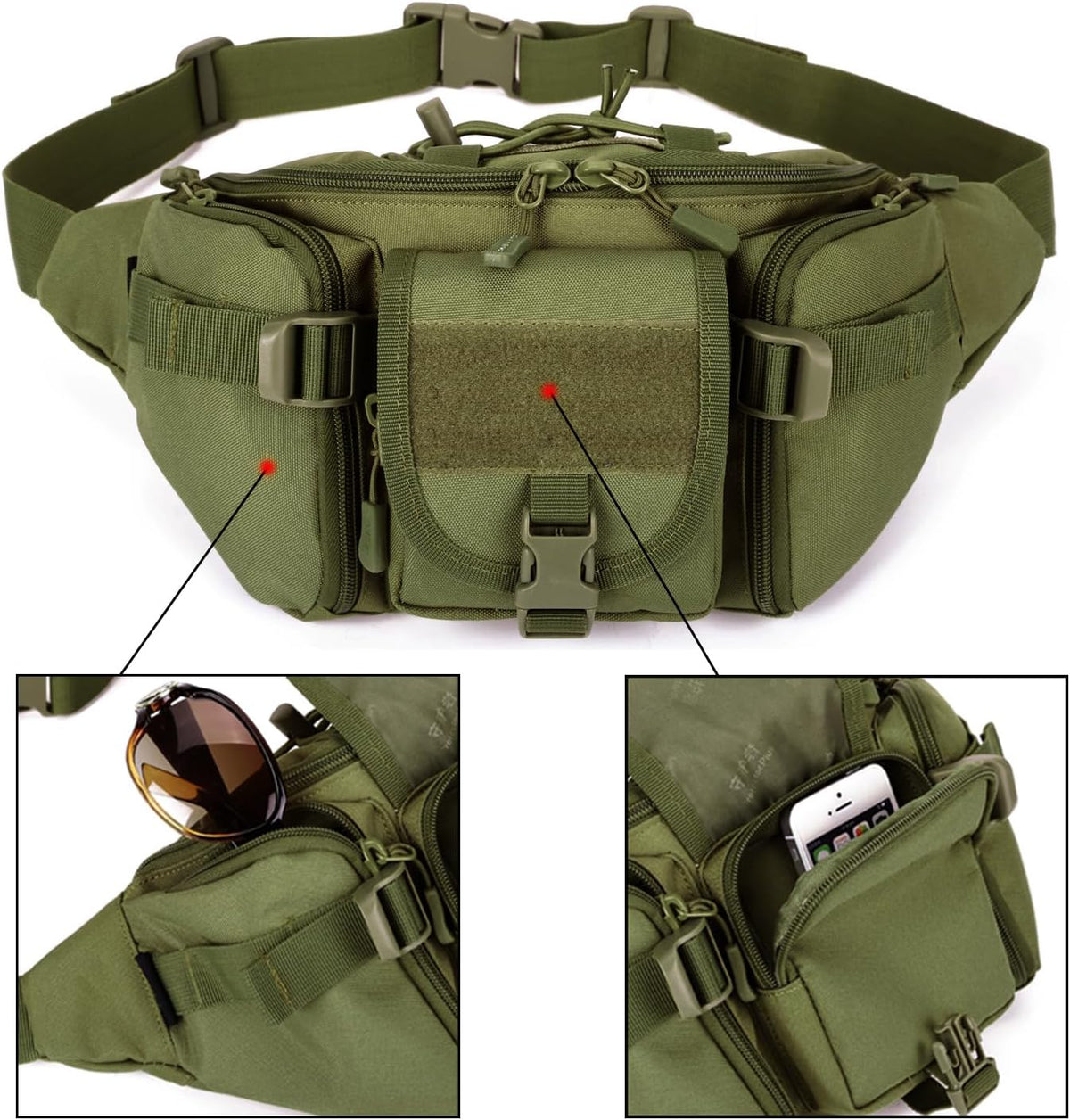 ArcEnCiel Tactical Fanny Pack for Men Women Waist Bag Hip Belt Outdoor Hiking Fishing Bumbag with Patch (Green)