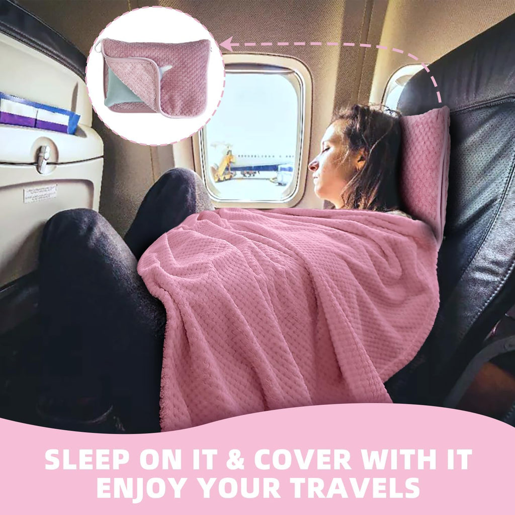 3 in 1 Travel Blanket Pillow Set - 350 GSM Thick Travel Blanket Airplane Compact with Bag, Soft Bag with a Pocket, Inflatable Travel Pillow for Camping & Car Trip (Blush Pink)
