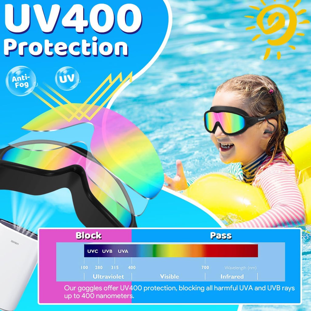 Kids Swim Goggles for 3-15, Kids Goggles with Earplugs& Nose Clip Wide View
