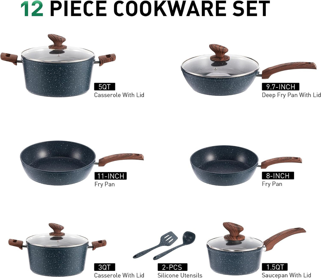 MAISON ARTS Pots and Pans Set, 12 Piece Blue Kitchen Cookware Sets Nonstick