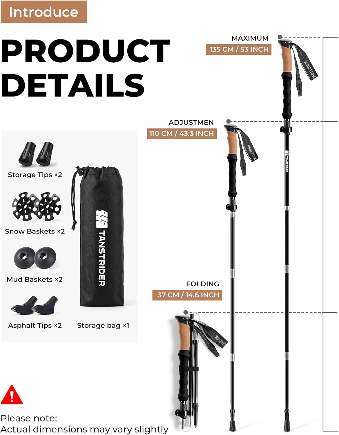 Trekking Poles for Hiking - Collapsible Lightweight 7075 Aluminum Hiking Poles (9.5 oz), Cork Grip Tri-Fold Walking Sticks for Seniors, Men & Women, Adjustable 43-53" (Set of 2)