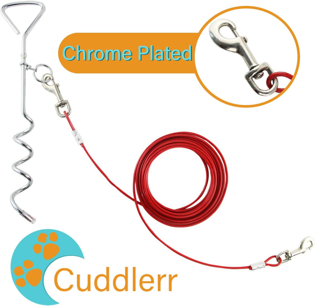 30ft Dog Tie Out Cable for Dogs, 16" Chrome Plated Anti Rust Stake, Great for Camping or The Garden, Suitable for Harness, Leash & Chain Attachments - Red