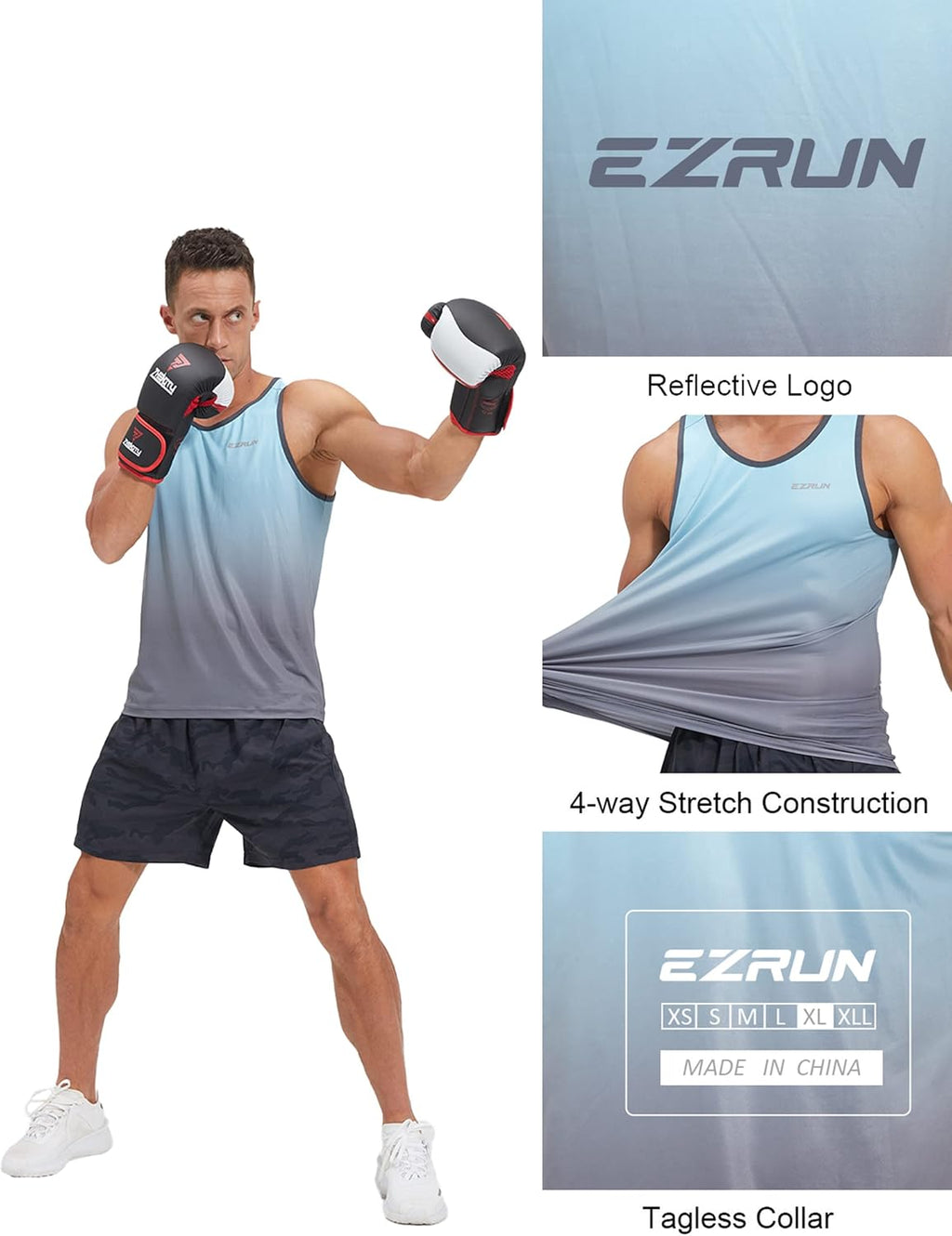 EZRUN Men's Quick Dry Tank Top UPF 50+ Workout Shirt for Gym &amp; Running | Sweat-wicking 4-way Stretch Sleeveless Shirt. Reflective Logo for Safe Night Runs. Loose Fit for Gym &amp; Summer Workouts