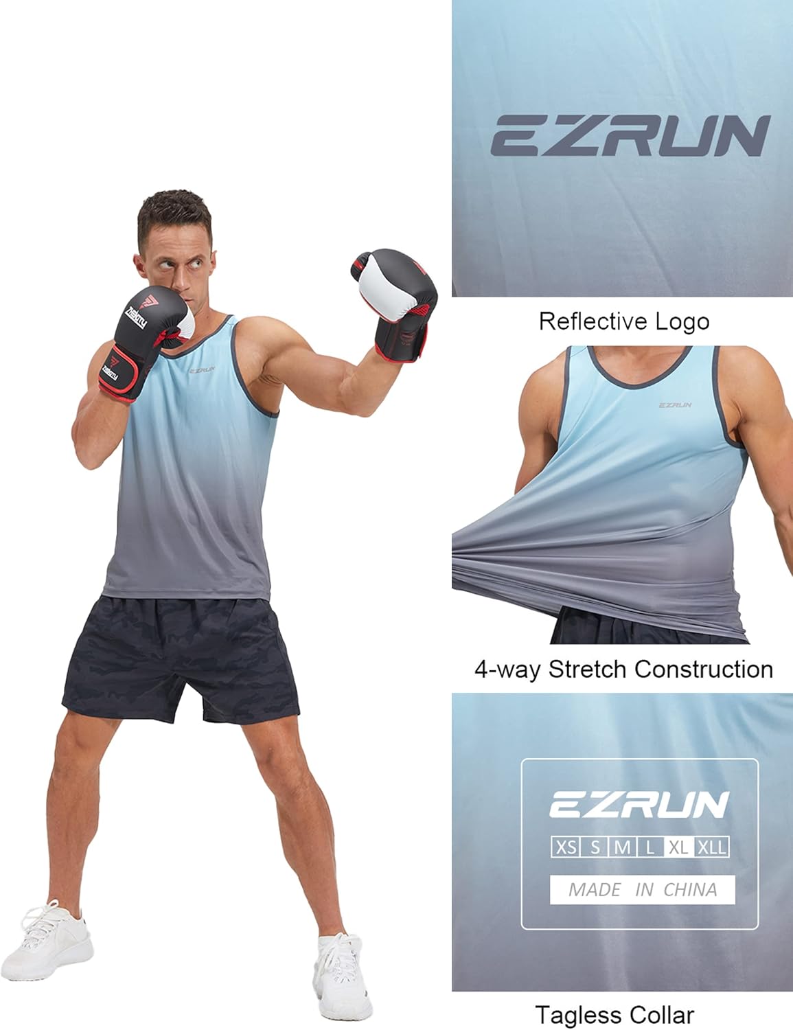 EZRUN Men's Quick Dry Tank Top UPF 50+ Workout Shirt for Gym &amp; Running | Sweat-wicking 4-way Stretch Sleeveless Shirt. Reflective Logo for Safe Night Runs. Loose Fit for Gym &amp; Summer Workouts