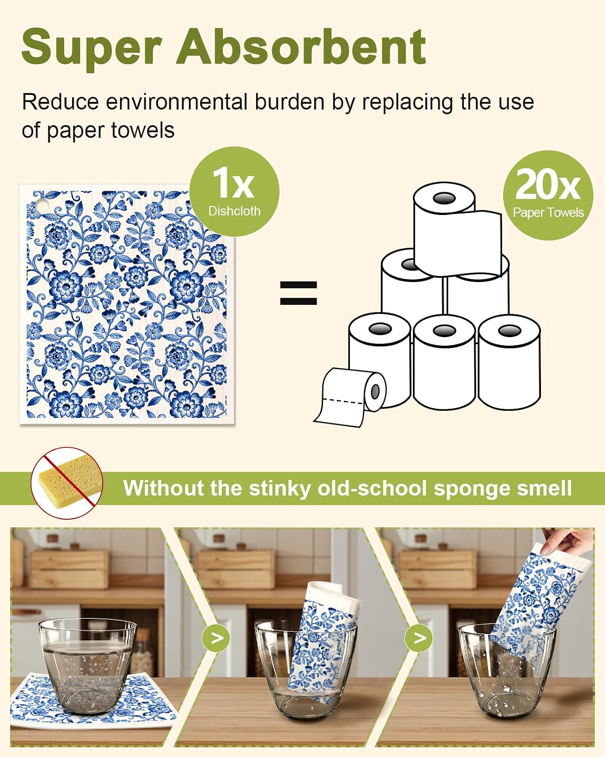 Miss Adola 6 Pack Swedish Dishcloths for Kitchen - Reusable Dish Cloths for Washing Dishes Absorbent Cute Funny Kitchen Towels Cleaning Sponge, Blue Floral