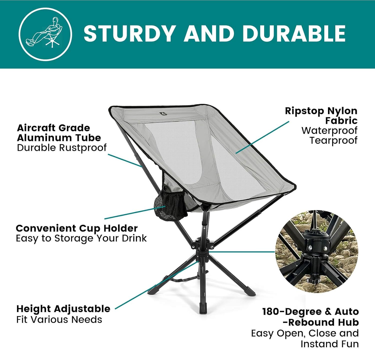 TCEK Portable Camping Chair - SwivelCore 180 Swivel & Auto-Return, Small Compact Lightweight Folding Chairs for Adults, Outdoor Backpack Chair for Adventures, Setup in Seconds, Support 300 LBS