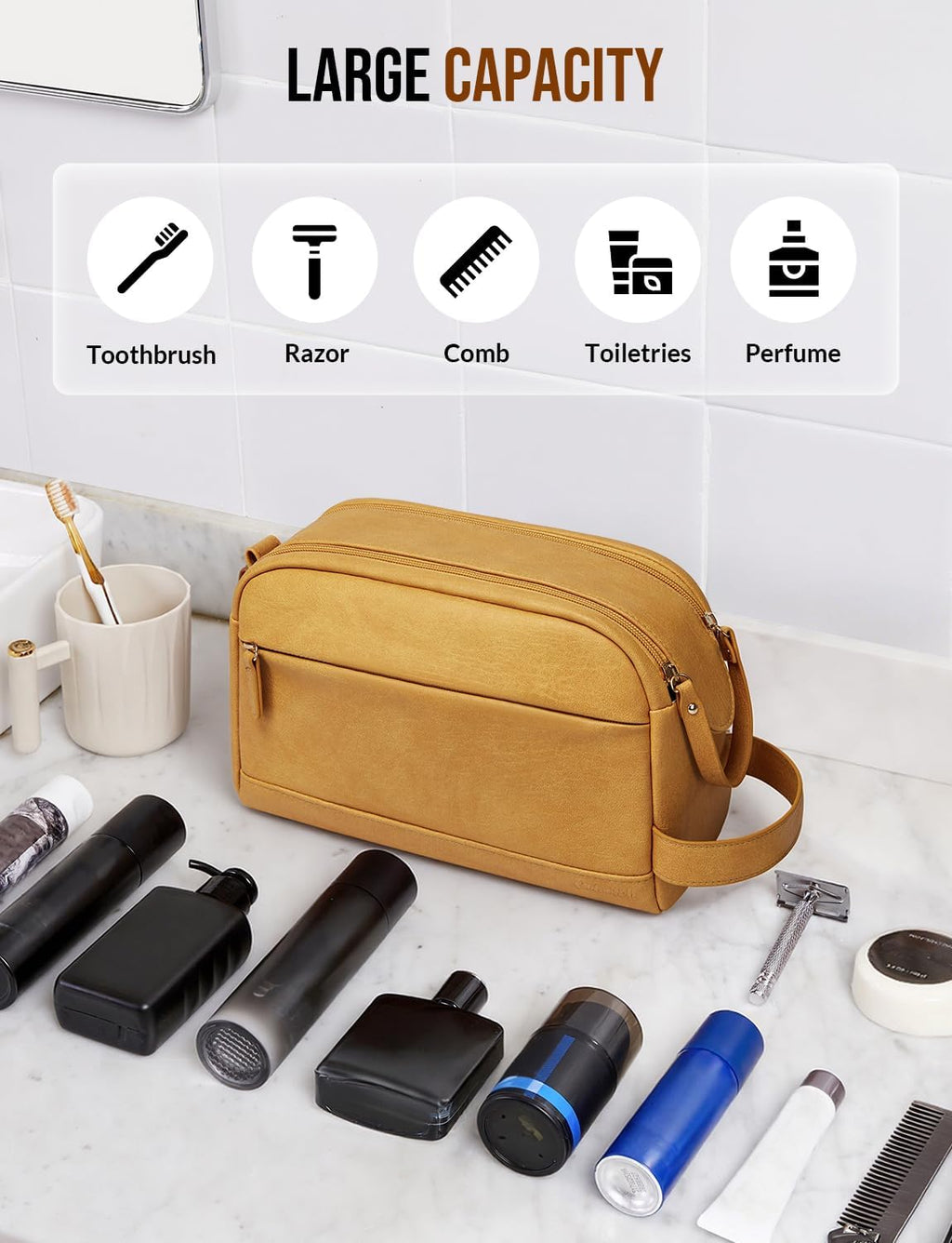 PU Leather Toiletry Bag for Men, Yellow