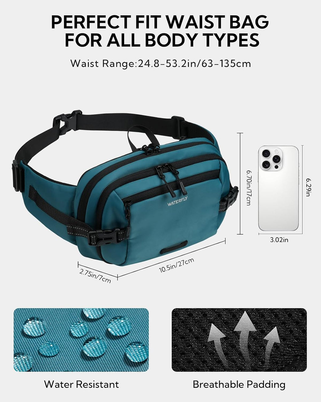 WATERFLY Fanny Pack Waist Bag: 3L Large RFID Anti-Theft for Travel