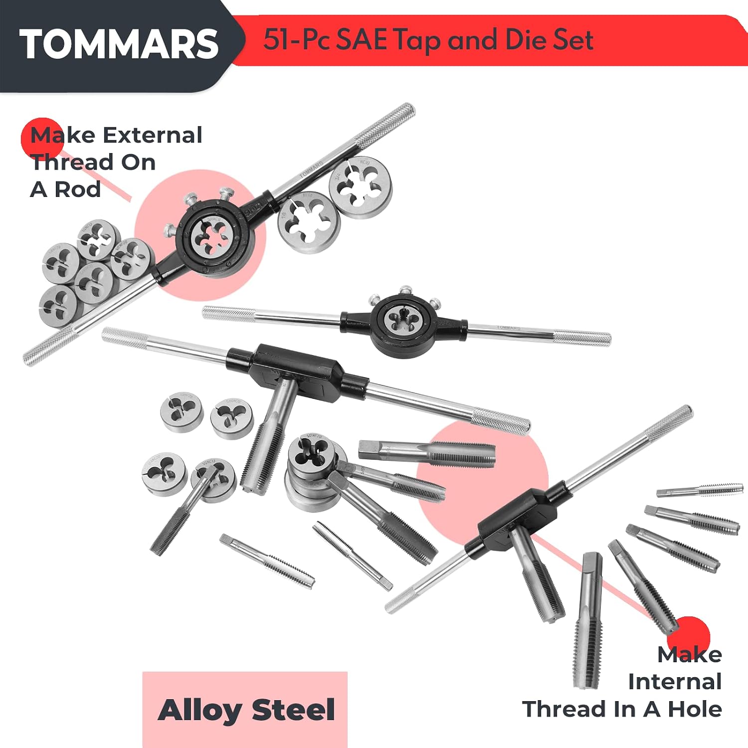 TOMMARS 51Pcs Jumbo Tap and Die Set, 1/4-20 to 1-14 SAE Threading