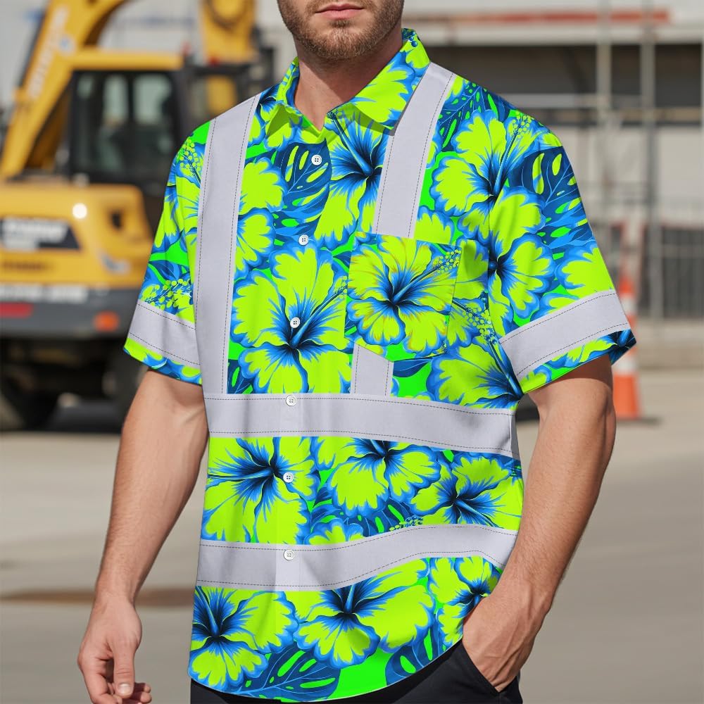 High Visibility Hawaiian Shirt for Men Tropical Shirts Custom Name Floral Outfit Reflective Safety Workwear