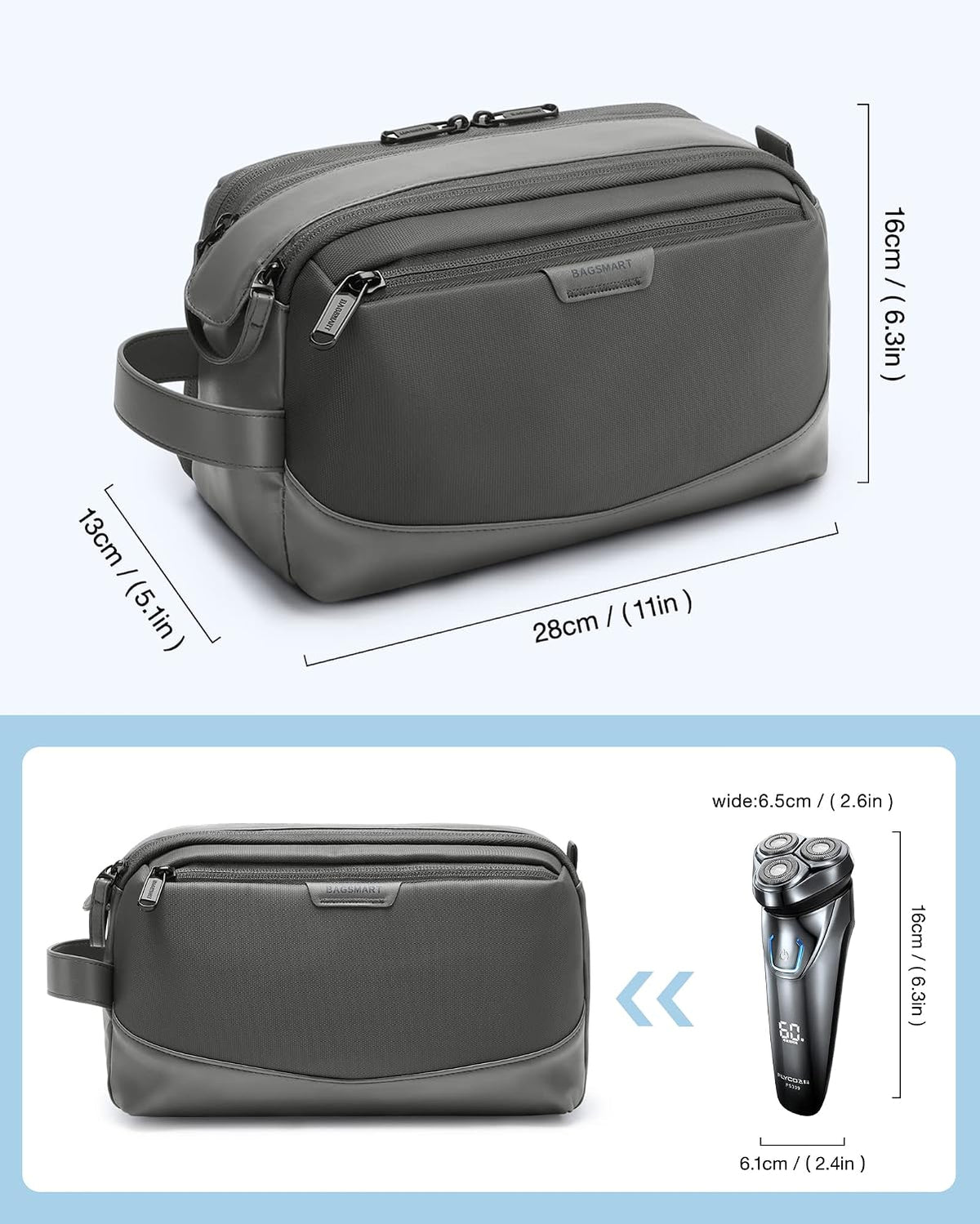 BAGSMART Large Travel Toiletry Bag for Men, Water-resistant, Grey