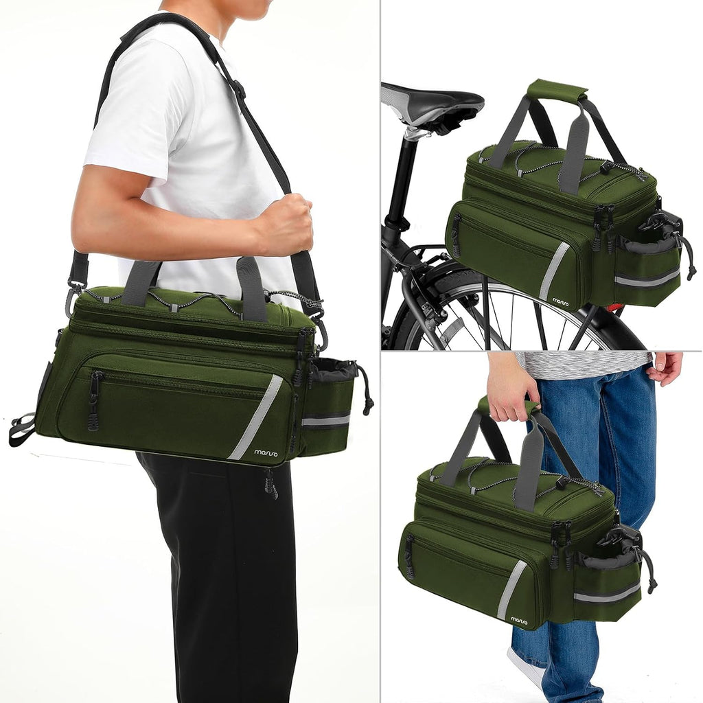 MOSISO Bike Rack Bag with Rain Cover, Bike Trunk Cooler Handag,Army Green | Insulated Bicycle Rear Seat Pouch with 2 Side Foldable Panniers, 8L Cycling Backseat Storage Cargo Saddle Shoulder Bag