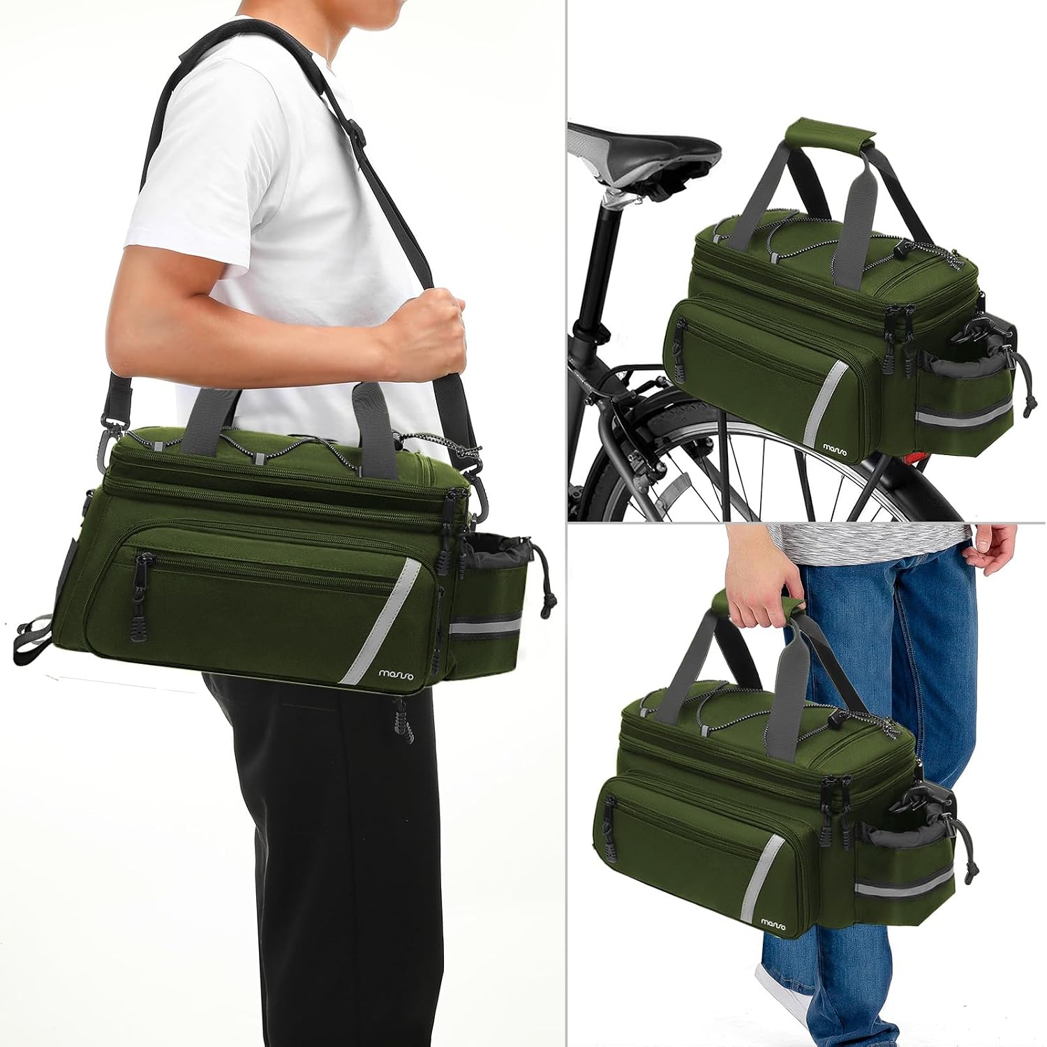 MOSISO Bike Rack Bag with Rain Cover, Bike Trunk Cooler Handag,Army Green | Insulated Bicycle Rear Seat Pouch with 2 Side Foldable Panniers, 8L Cycling Backseat Storage Cargo Saddle Shoulder Bag