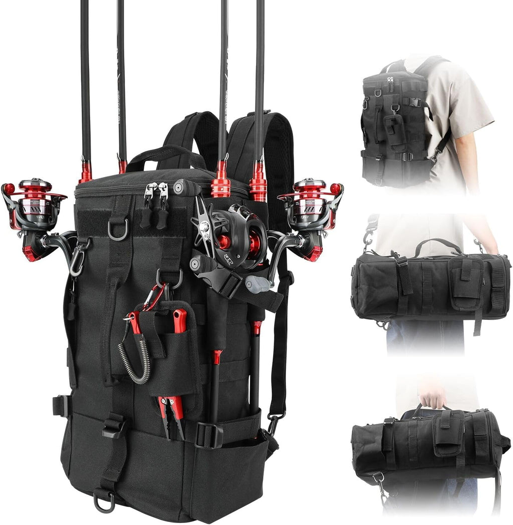 KOMCLUB Black Fishing Sling Tackle Storage Backpack, Large with Rain Cover‌
