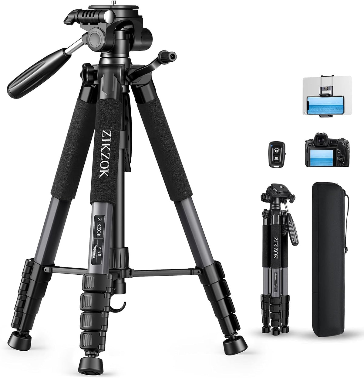 75" Camera Tripod Stand, Heavy Duty with Remote for DSLR iPad iPhone