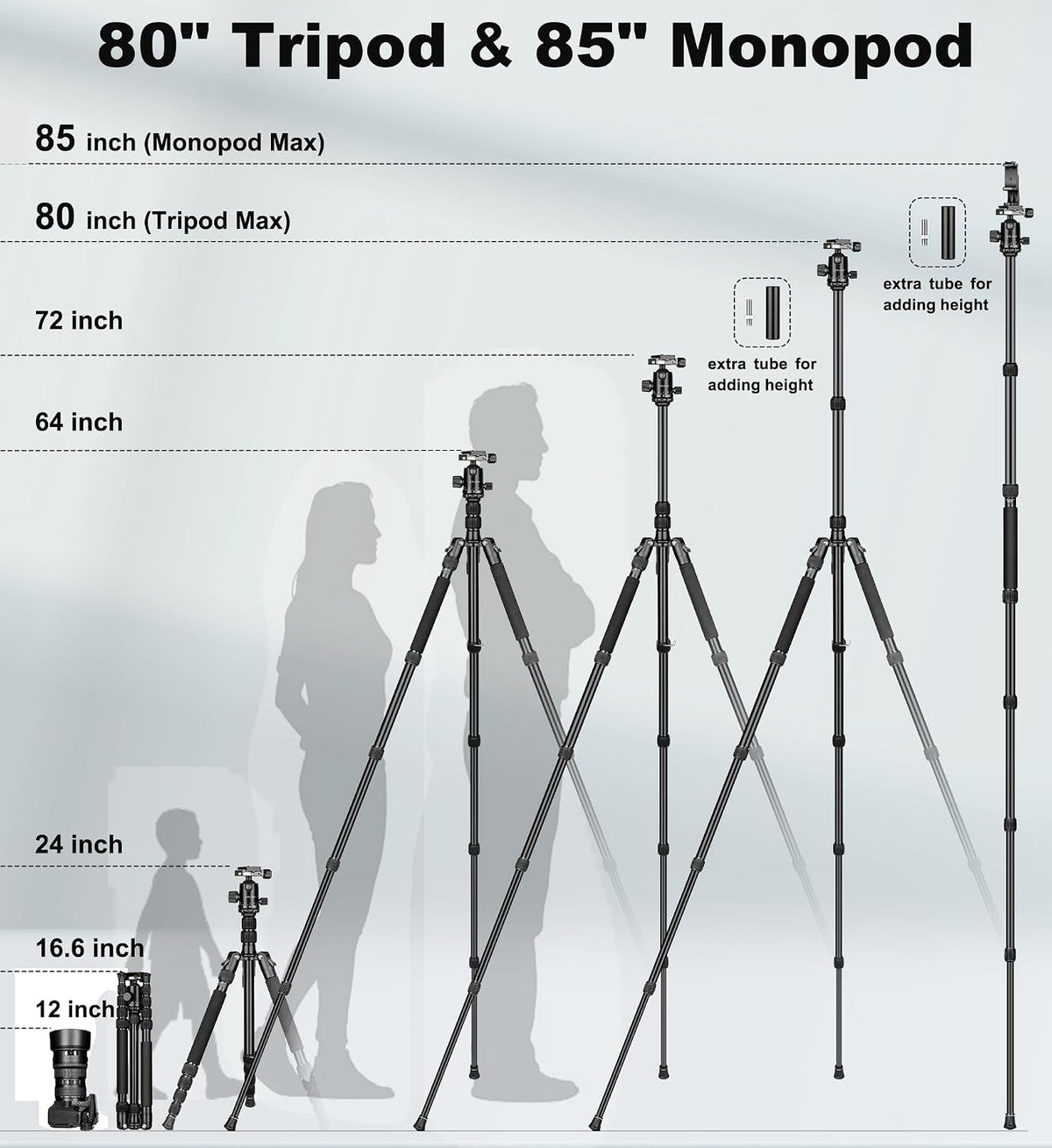 80/85 inches Heavy Duty Tripod for Camera Phone, 85" Camera Tripod Monopod