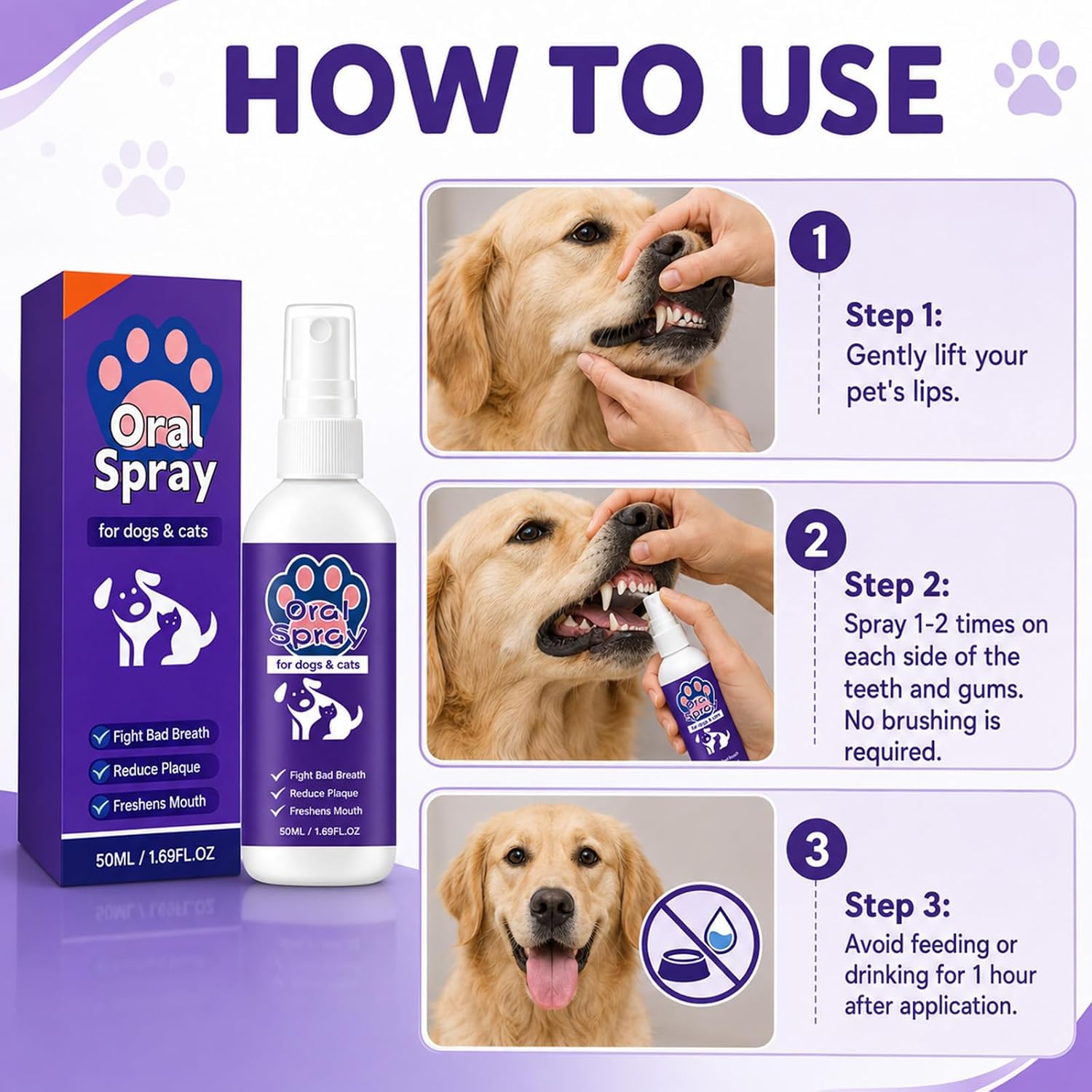 2PCSPet Oral Spray, Pet Breath Freshener Spray Oral Care Cleaner, Pet Oral Care for Dogs & Cats,No-Brush Oral Care Spray,50ML