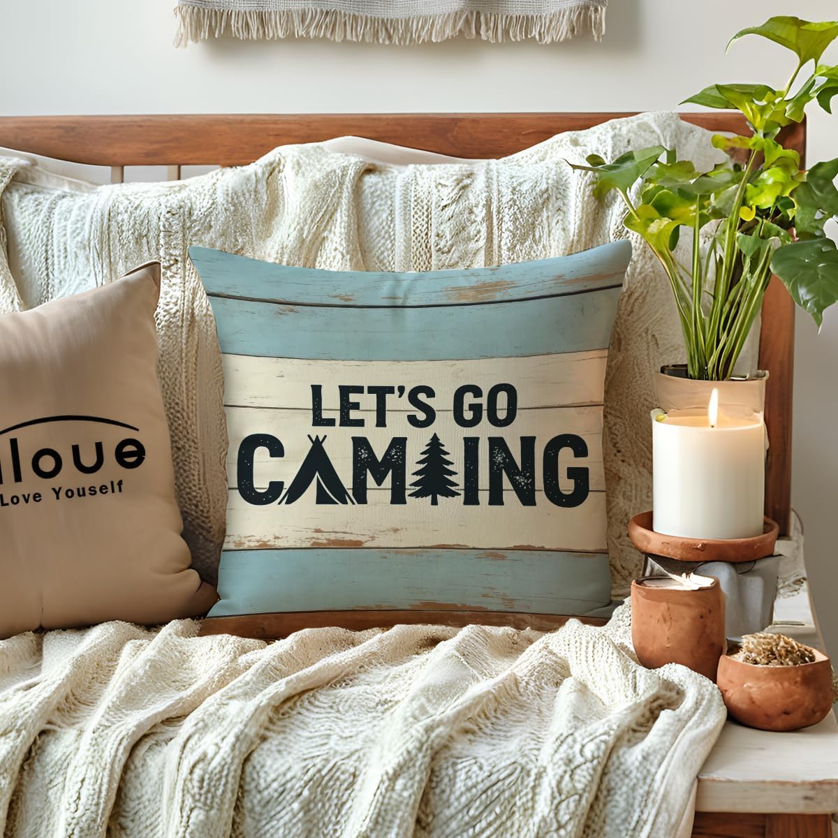 ULOVE LOVE YOURSELF Adventure Awaits Throw Pillow Cover Let’s Go Camping Cushion Covers Cabin/Camper Decorative Pillowcases 18 x 18 Inch,Set of 2