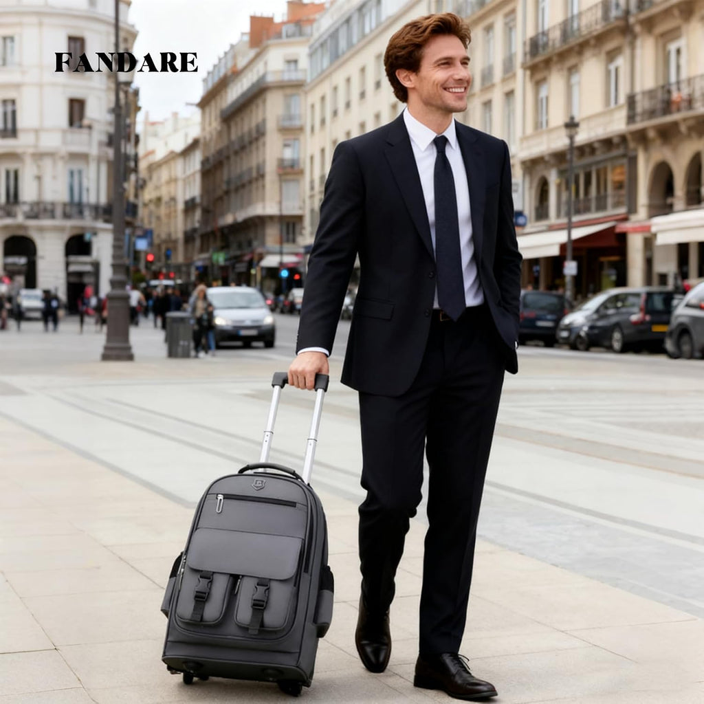 FANDARE Rolling Laptop Backpack Convertible Luggage Backpack with Wheels Travel Daypacks Multi-Functional Carry-On for Business Trip Men Lifestyle Outdoor Urban Waterproof PU Film Backpacks Grey