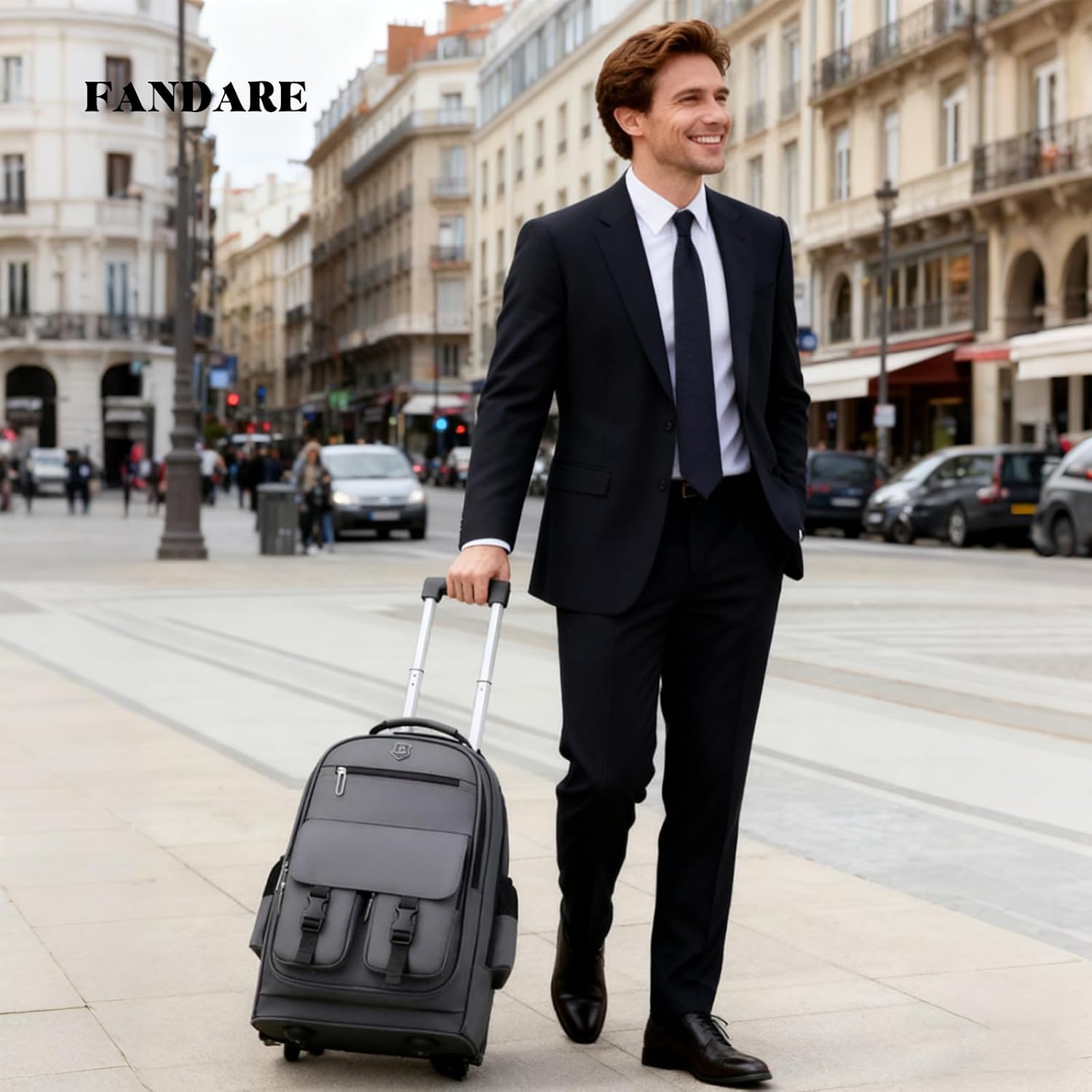 FANDARE Rolling Laptop Backpack Convertible Luggage Backpack with Wheels Travel Daypacks Multi-Functional Carry-On for Business Trip Men Lifestyle Outdoor Urban Waterproof PU Film Backpacks Grey
