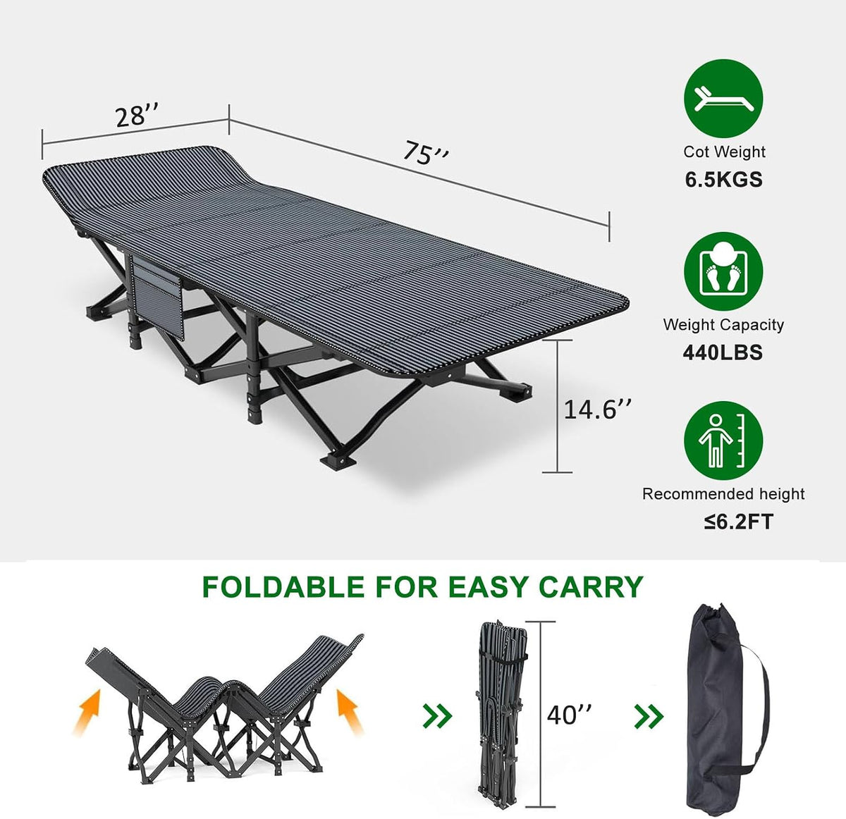Camping Cot, 28'' Wide Sleeping Cots for Adults, Folding Bed with Pad & Bag