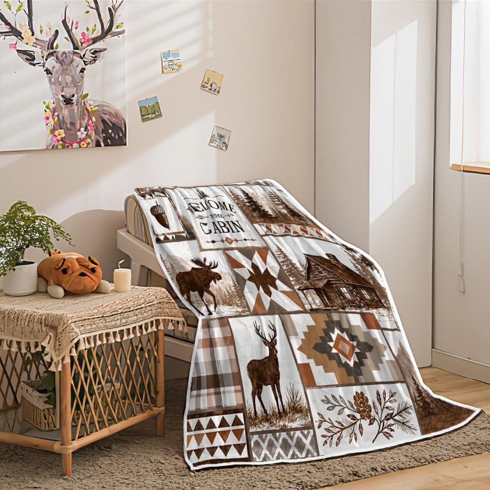 Rustic Cabin Throw Blanket, Bear Deer Moose Patchwork Lodge Home Decor