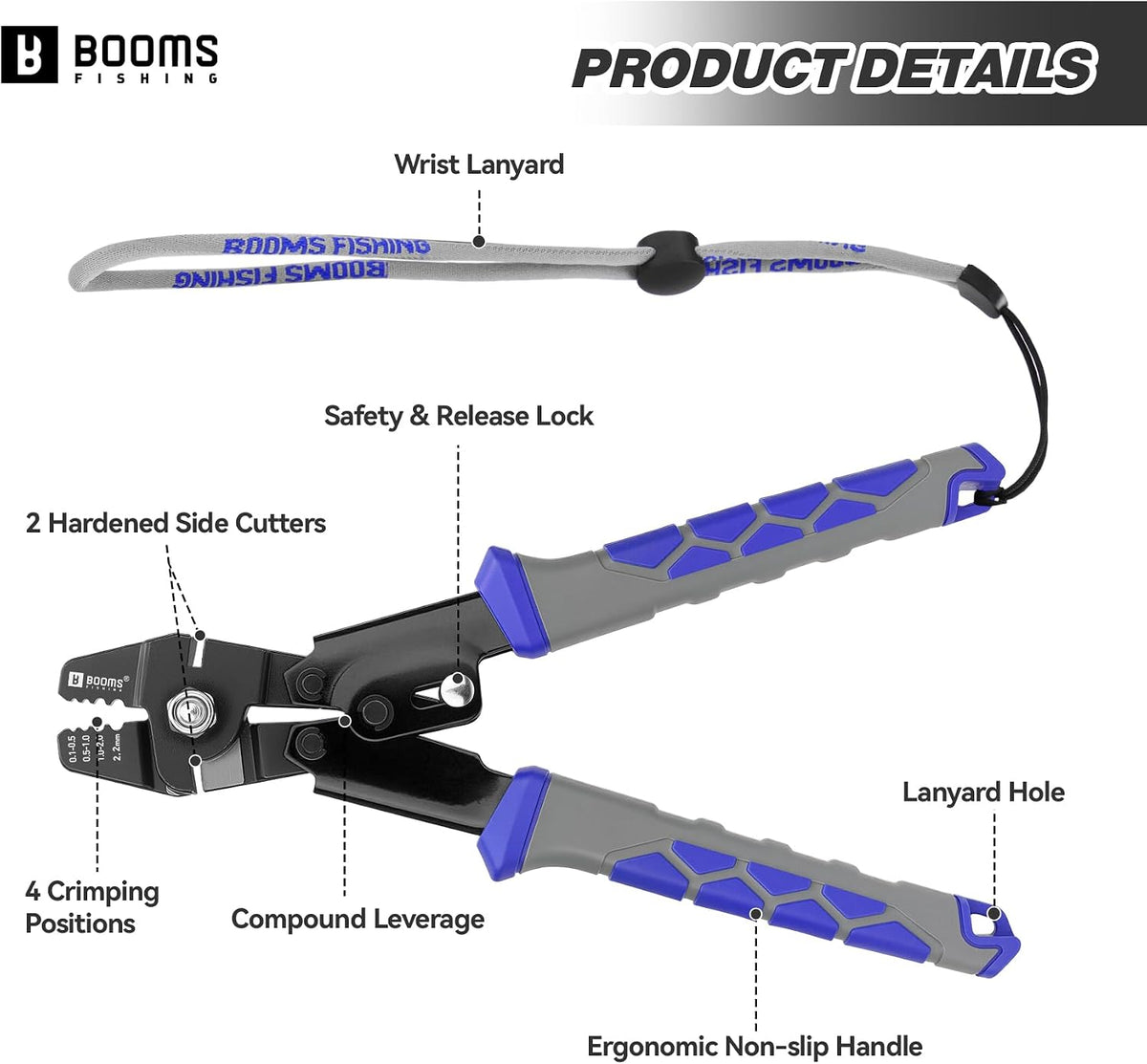 Booms Fishing Crimping Tool Kit: 10.6in Fishing Crimping Pliers with Side Wire Cutters - Up to 2.2mm Crimper, XW40