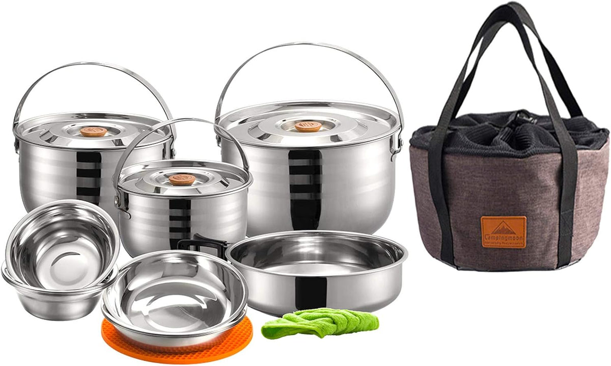 CAMPINGMOON Camping Cookware Set Stainless Steel Outdoor Nesting Cooking Mess Kit Pots Pans Bowls with Storage Carrying Tote Bag