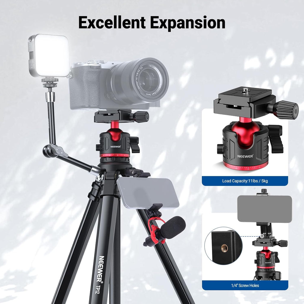 NEEWER Basics 66.5"/169 cm Travel Tripod for Camera, Lightweight Portable DSLR Stand with Ball Head, Arca Type QR Plate, Cell Phone Holder Compatible with iPhone Video Recording, Max Load 11 lb, TP12