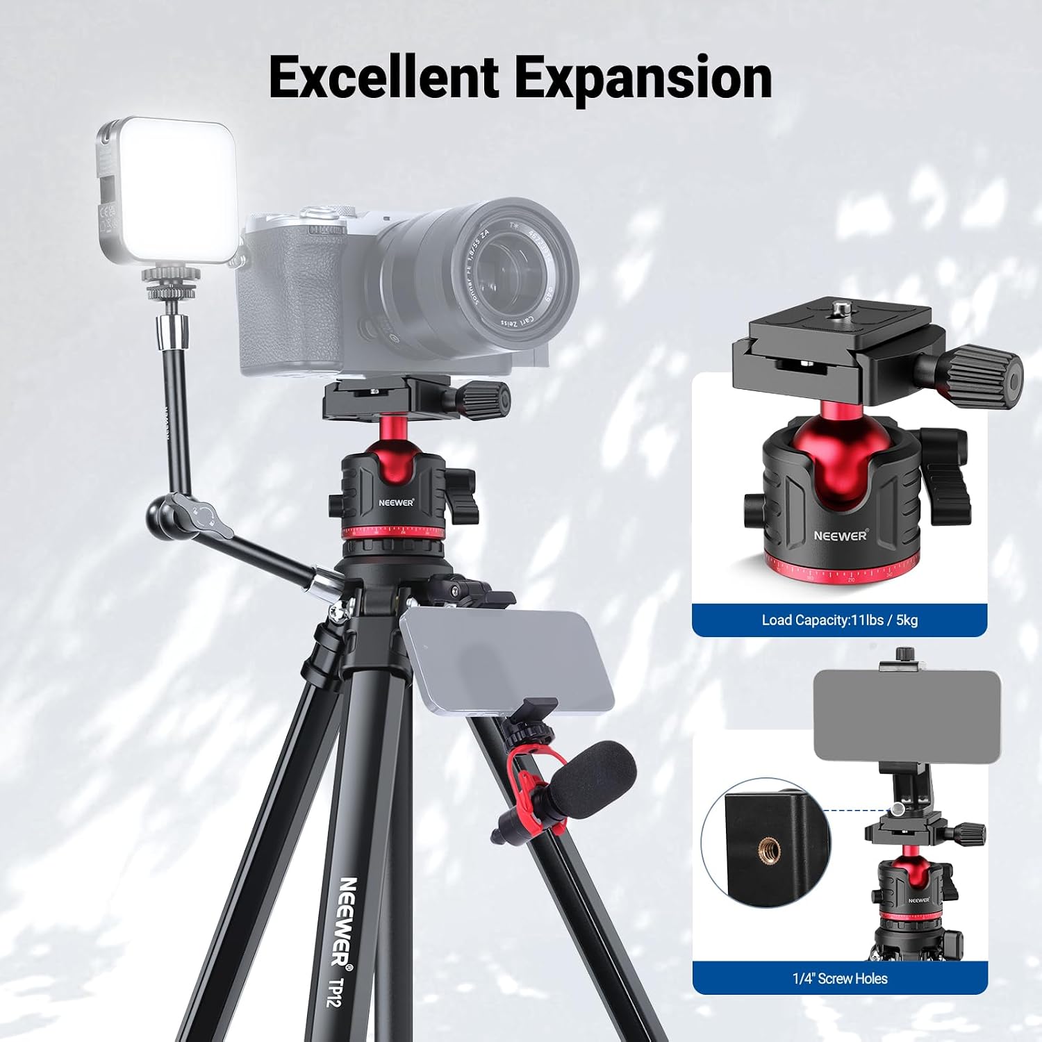 NEEWER Basics 66.5"/169 cm Travel Tripod for Camera, Lightweight Portable DSLR Stand with Ball Head, Arca Type QR Plate, Cell Phone Holder Compatible with iPhone Video Recording, Max Load 11 lb, TP12