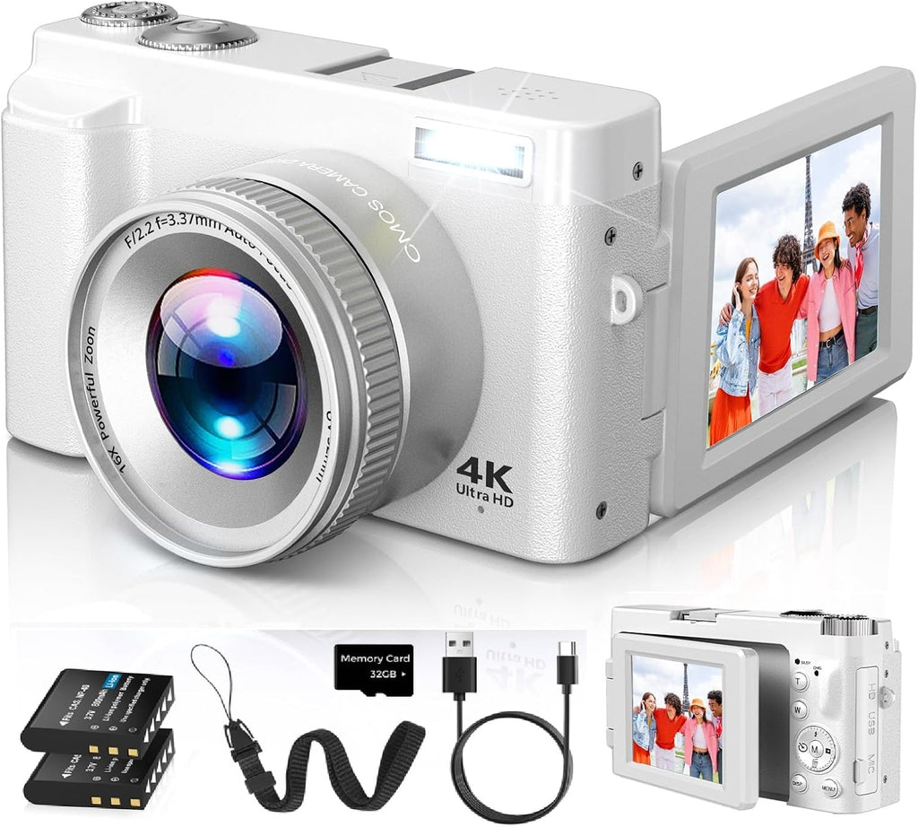 Duluvulu 4K Digital Camera for Photography Autofocus, 2026 Latest 48MP Vlogging Camera for YouTube with SD Card, 2 Batteries, 3" 180°Flip Screen Compact Travel Camera for Teens with 16X Zoom,Black