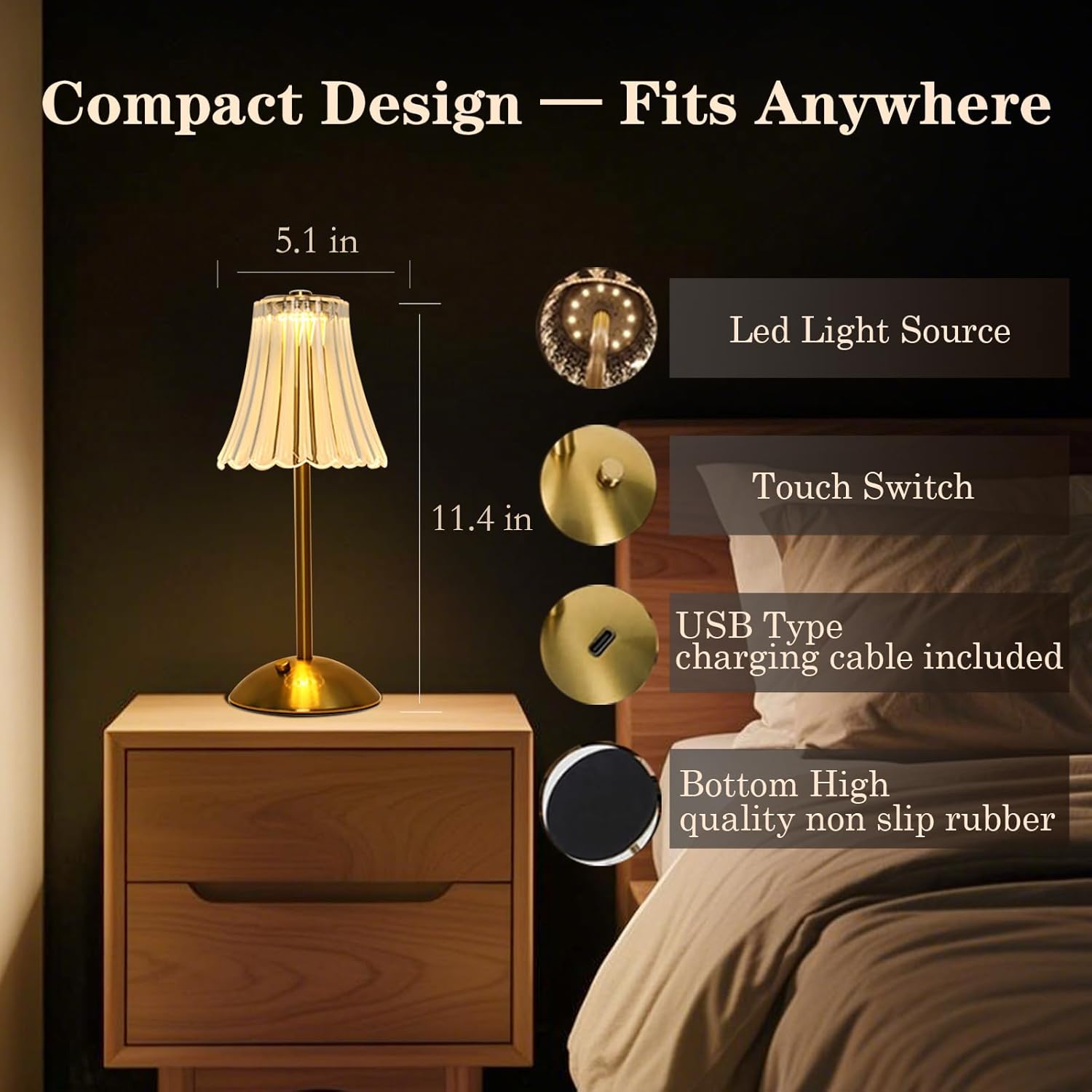 2 Pcs Cordless Rechargeable Table Lamp, Touch Dimming, 3 Color Modes