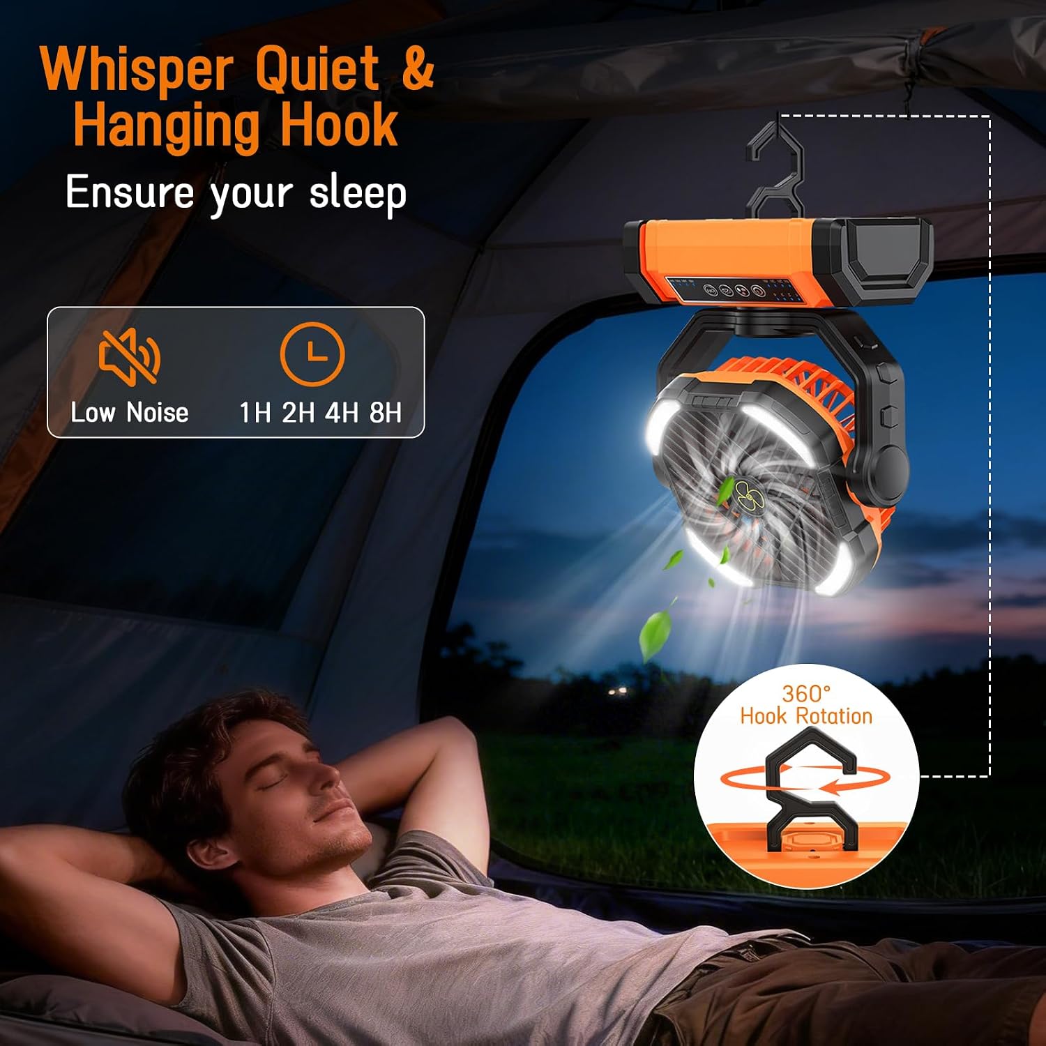 UUYEE Camping Fan Rechargeable, Battery Powered Fans - Orange