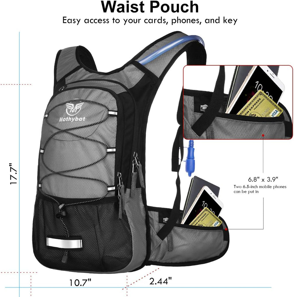 Mothybot Insulated Hydration Backpack Pack with 3L BPA Free Leak Proof Water Bladder, Large Storage Lightweight Hiking Daypack with Waist Pouches & Cooler Layer, for Running, Biking, Camping, Festival