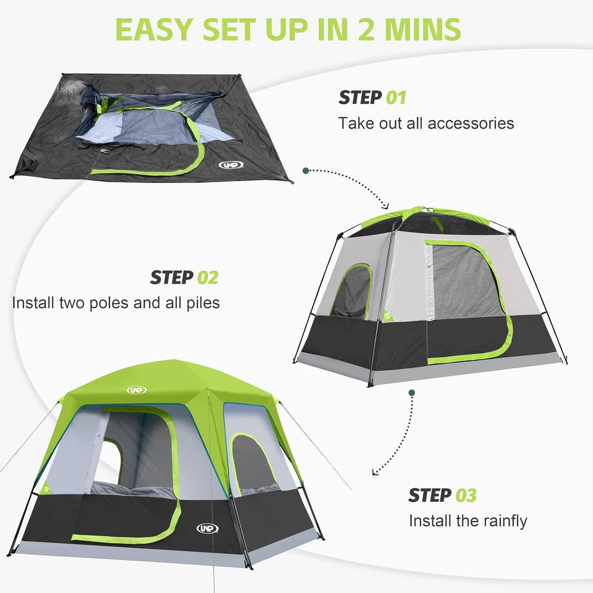 UNP 2/4/6/8 Person Tent, Portable Cabin Tent, Camping Tent 4-Person Easy Set Up, Waterproof with Top Rainfly for Outdoor Camping/Hiking