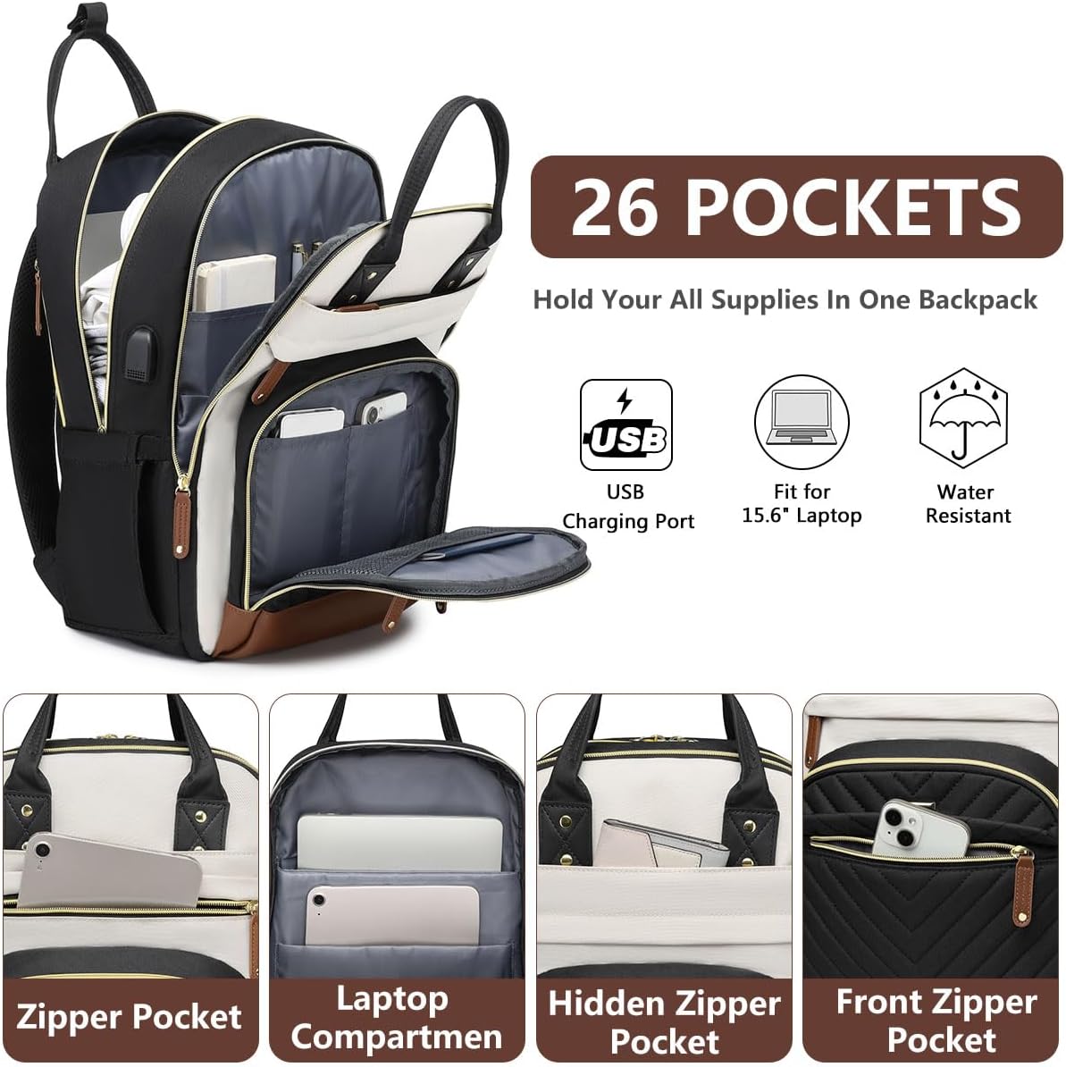 Laptop Backpack for Women Bag - 15.6 inch Work Travel Backpack with USB Charger College Bookbag Waterproof Business Computer Backpack Anti-theft Casual Backpacks for Nurse Teacher Beige Black Brown