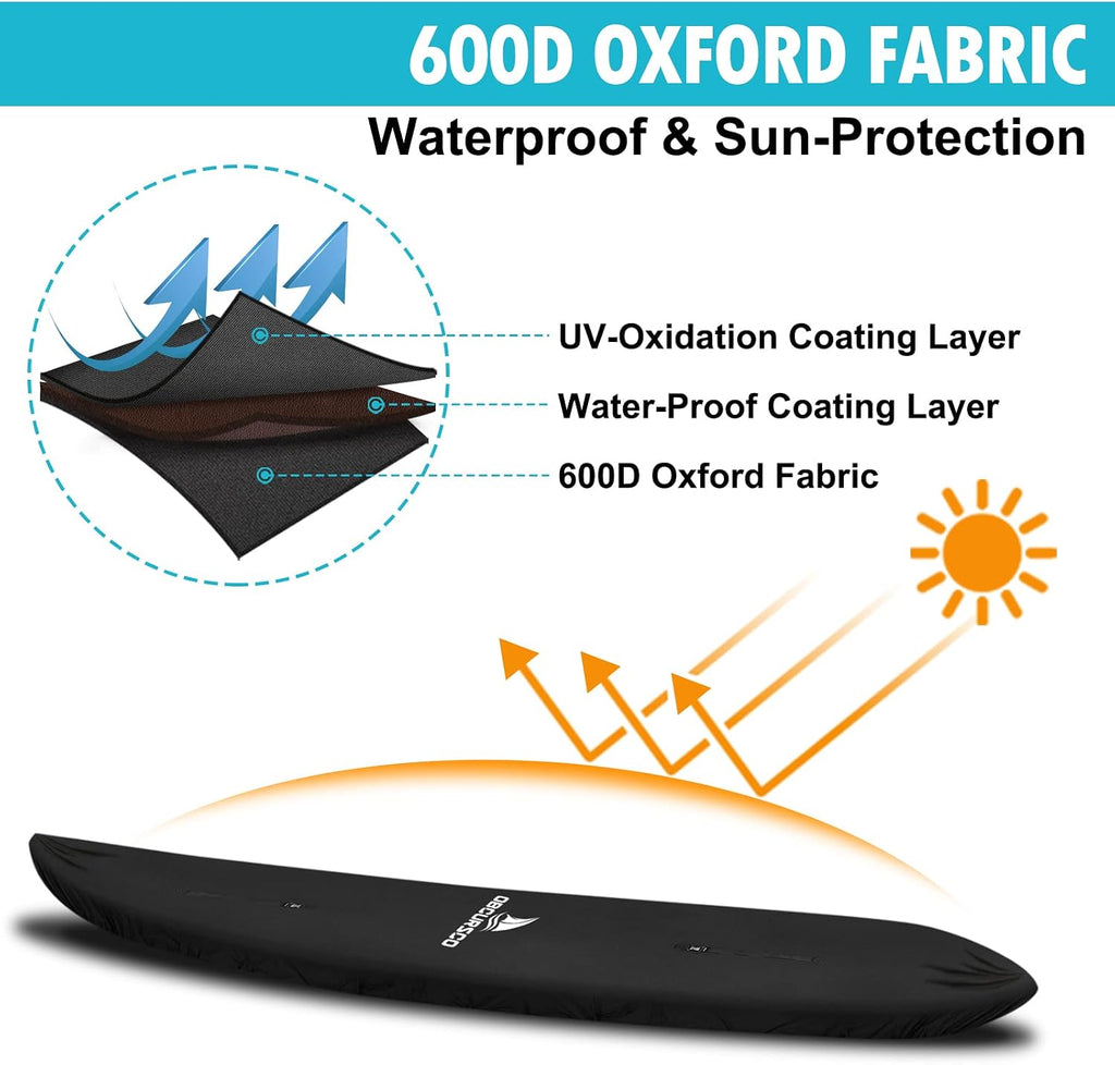 Obcursco 600D Kayak Cover Waterproof, 9.3-16.5FT, Heavy Duty Canoe Cover