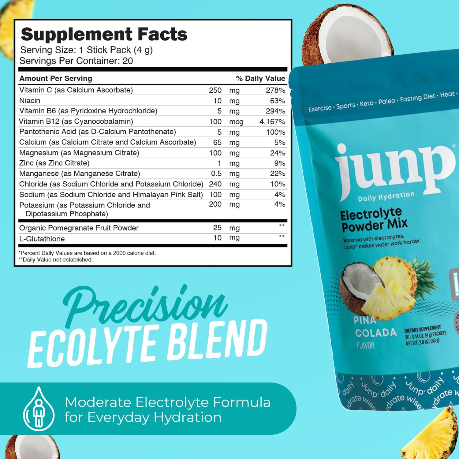JUNP Sugar Free Electrolytes Powder Packets for Water Instant Hydration Packets with Salt & Potassium, Zero Calorie, No Carbs No Sugar Electrolyte Drink Mix Sticks, Keto Friendly, Pina Colada 20 Pack