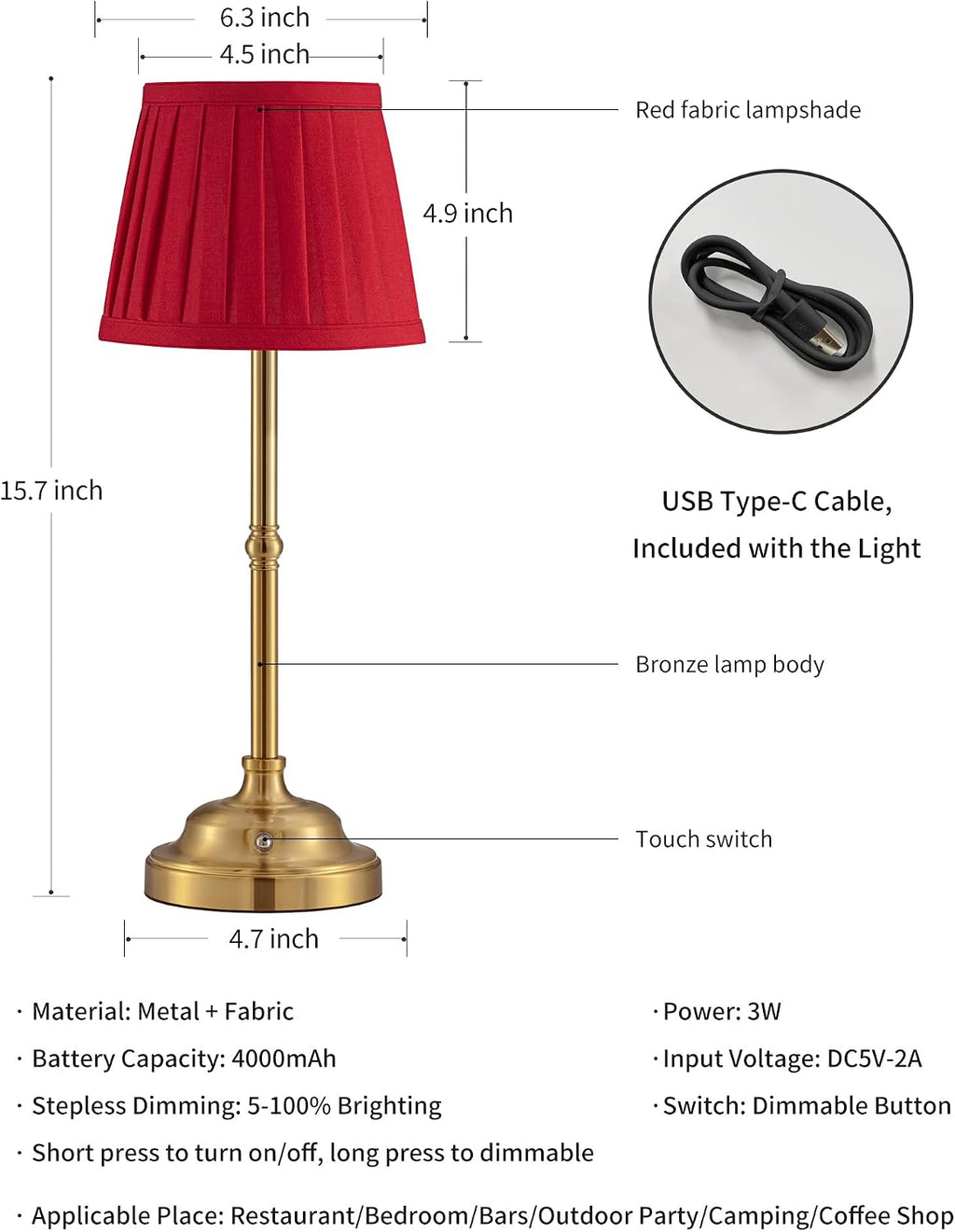 KDG Gold Cordless LED Table Lamps Set of 2, Red Fabric Shade Desk Lamps