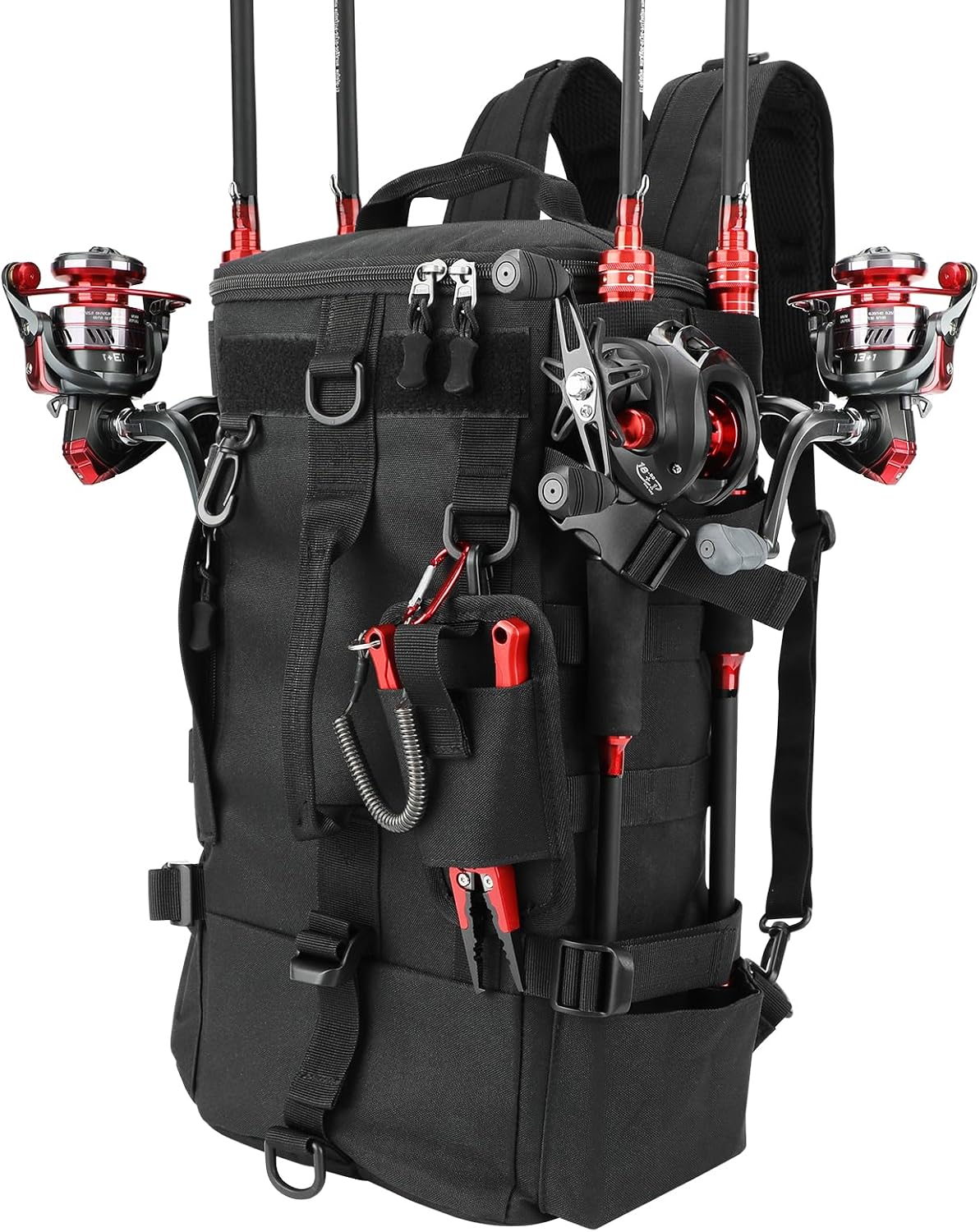 KOMCLUB Black Fishing Sling Tackle Storage Backpack, Large with Rain Cover‌