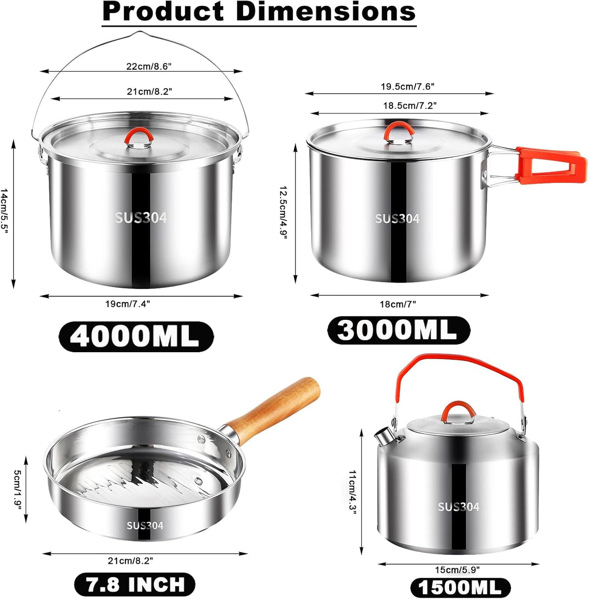 Camping Cookware Set 304 Stainless Steel Camping Pots and Pans Set
