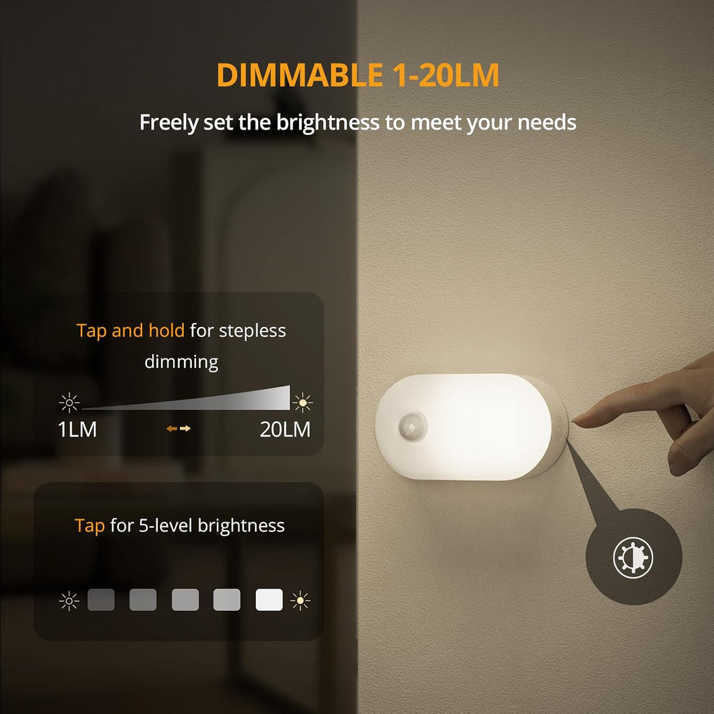 Lyridz Rechargeable Motion Sensor Night Light, Cool White LED Stick-on Closet Light with Dusk to Dawn Sensor, 1-20LM Stepless Adjustable Brightness for Bedroom, Wall, Kitchen, Stairs, Hallway, 2-Pack