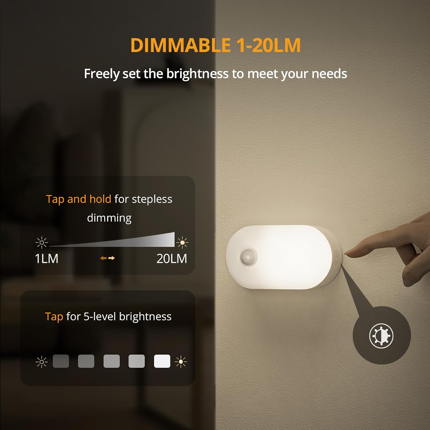 Lyridz Rechargeable Motion Sensor Night Light, Cool White LED Stick-on Closet Light with Dusk to Dawn Sensor, 1-20LM Stepless Adjustable Brightness for Bedroom, Wall, Kitchen, Stairs, Hallway, 2-Pack