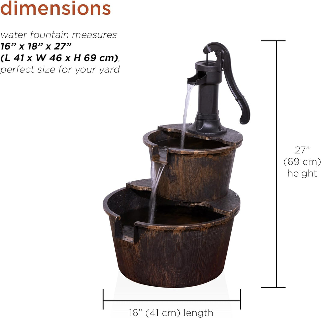 Alpine Corporation 27" Tall Rustic Outdoor 2-Tier Barrel Pump Water Fountain with Soothing Cascading Water Flow for Patio, Yard, Porch, or Landscape, Bronze